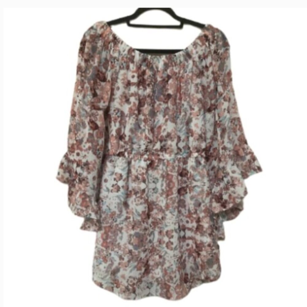 Mint of blush floral ruffle bell sleeve rounded hem off shoulder dress